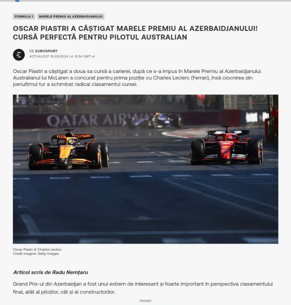 Romanian media highlight Formula 1 Azerbaijan Grand Prix – News.Az